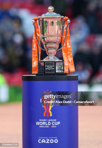The Rugby League Womens World Cup trophy sits on a plinth during Women's Rugby League World Cup Final match between Australia and New Zealand at Old...