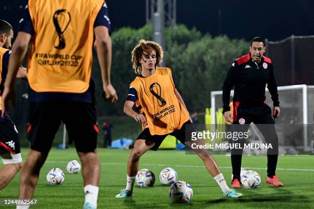 Tunisia's midfielder Hannibal Mejbri takes part in a training session at Al Egla facility in Doha on November 21 on the eve of the Qatar 2022 World...