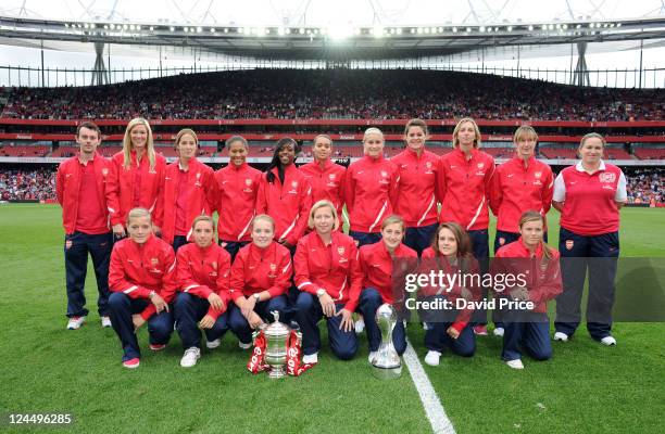 The Arsenal Ladies with the WSL Trophy and FA Cup Trophy during the Barclays Premier League match between Arsenal and Swansea City at Emirates...