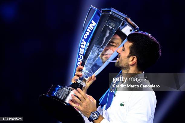 Novak Djokovic of Serbia poses with the trophy at the end of the final singles match between Novak Djokovic of Serbia and Casper Ruud of Norway...