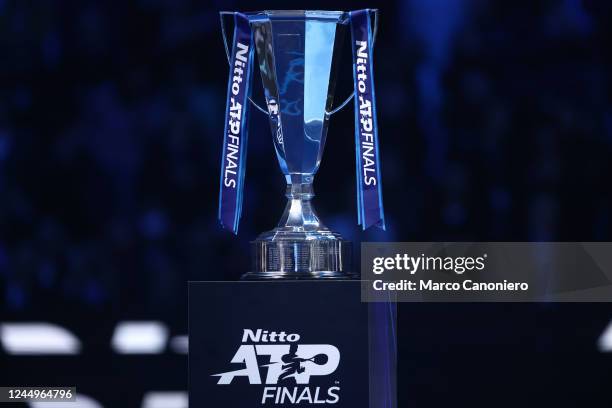 The trophy of ATP Finals is displayed during the final singles match between Novak Djokovic of Serbia and Casper Ruud of Norway during Day Eight of...