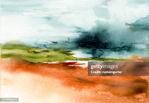 illustrazioni stock, clip art, cartoni animati e icone di tendenza di paesaggio acquerello astratto - acquerello