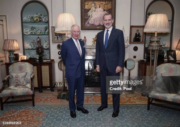 King Charles III receives King Felipe VI of Spain in the Morning Room, during an audience at Clarence House, on November 21, 2022 in London, England.