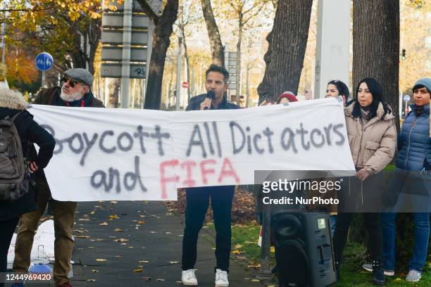 Dozen Iran activists gather and protest against human rights violation and world cup 2022 in front of embassy of Qatar in Bonn, Germany on Nov 21,...