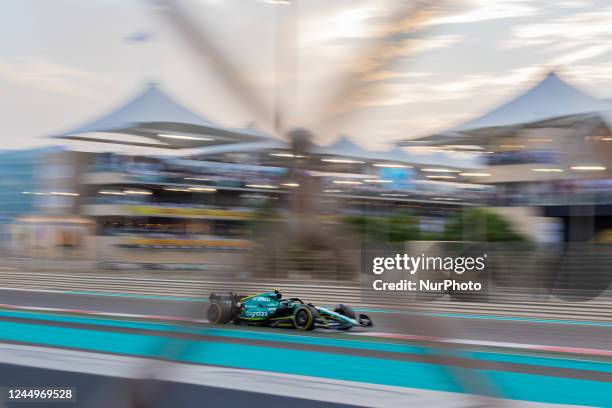 Sebastian Vettel of Germany and Aston Martin Aramco Cognizant F1 Team driver goes during the race at Formula 1 Etihad Airways Abu Dhabi Grand Prix on...