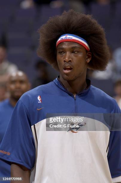 Kwame Brown of the Washington Wizards warms up before the game against the Atlanta Hawks on April 12, 2003 at the MCI Center in Washington, DC NOTE...