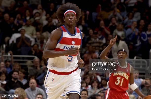 Kwame Brown of the Washington Wizards plays against the Atlanta Hawks on April 12, 2003 at the MCI Center in Washington, DC NOTE TO USER: User...