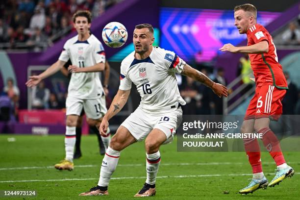 S forward Jordan Morris controls the ball during the Qatar 2022 World Cup Group B football match between USA and Wales at the Ahmad Bin Ali Stadium...