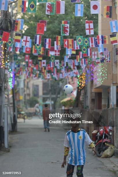 Members of Argentina fan Club with flags of 32 country day before Argentina's first play in Qatar World Cup 2022 on November 21, 2022 in Kolkata,...