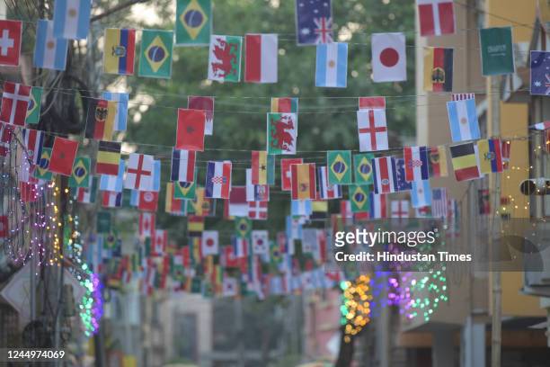 Members of Argentina fan Club decorated the street with flags of 32 country to celebrate Qatar World Cup 2022 on November 21, 2022 in Kolkata, India.