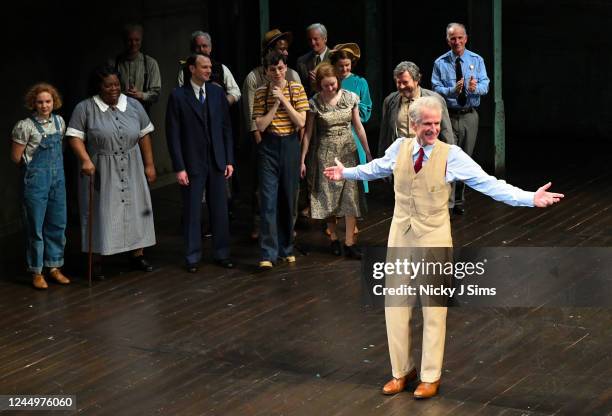 Matthew Modine appears on stage for the curtain call during his debut as Atticus Finch in the West End production of "To Kill a Mockingbird" at...