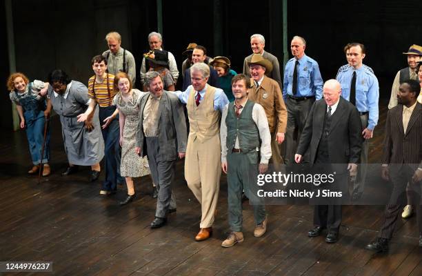 Matthew Modine appears on stage for the curtain call during his debut as Atticus Finch in the West End production of "To Kill a Mockingbird" at...