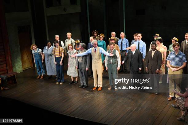 Matthew Modine appears on stage for the curtain call during his debut as Atticus Finch in the West End production of "To Kill a Mockingbird" at...