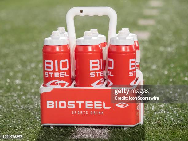 General view of a case of BIOSTEEL SPORTS DRINK bottles before the college football game between the Northern Illinois Huskies and Western Michigan...
