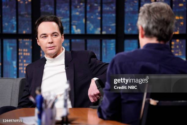 Episode 1358 -- Pictured: Actor Jim Parsons during an interview with host Seth Meyers on November 21, 2022 --