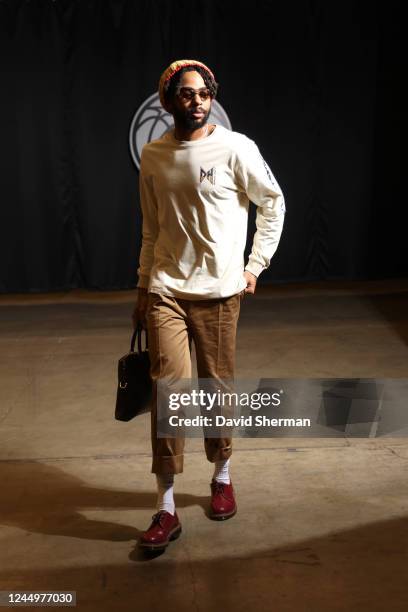 Angelo Russell of the Minnesota Timberwolves arrives to the arena before the game against the Miami Heat on November 21, 2022 at Target Center in...