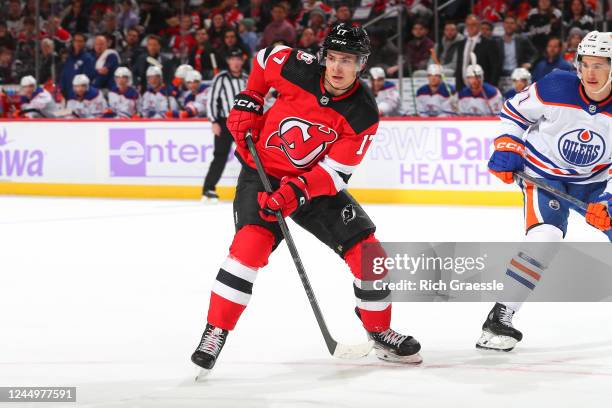 New Jersey Devils center Yegor Sharangovich skates during the first period of the game against the Edmonton Oilers on November 21, 2022 at the...