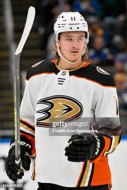 Anaheim Ducks center Trevor Zegras during a game between the Anaheim Ducks and the St. Louis Blues on November 21 at the Enterprise Center in St....