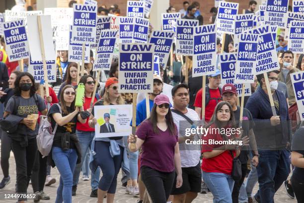 Academic workers and supporters picket during a strike at the University of California Los Angeles campus in Los Angeles, California, US, on Monday,...