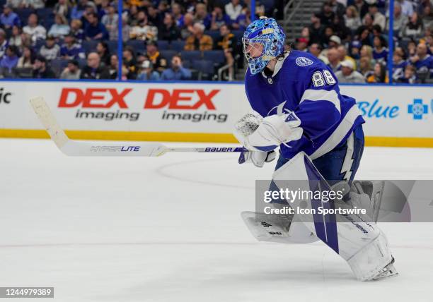 Tampa Bay Lightning goaltender Andrei Vasilevskiy skates off the ice to allow the extra man during the NHL Hockey match between the Tampa Bay...