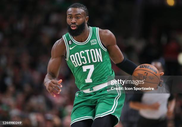 Boston Celtics guard Jaylen Brown in action during a NBA game between the Boston Celtics and the Chicago Bulls on November 21, 2022 at the United...