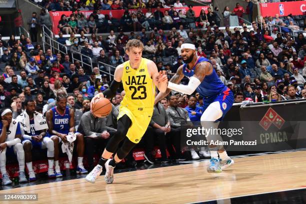 Lauri Markkanen of the Utah Jazz drives to the basket during the game against the LA Clippers on November 21, 2022 at Crypto.Com Arena in Los...