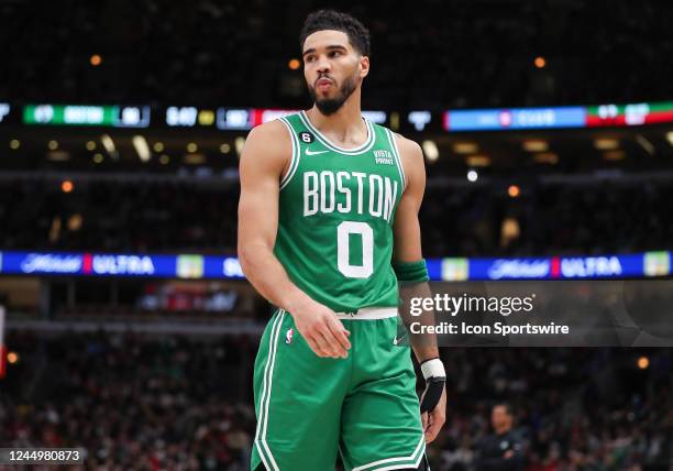 Boston Celtics forward Jayson Tatum looks on during a NBA game between the Boston Celtics and the Chicago Bulls on November 21, 2022 at the United...