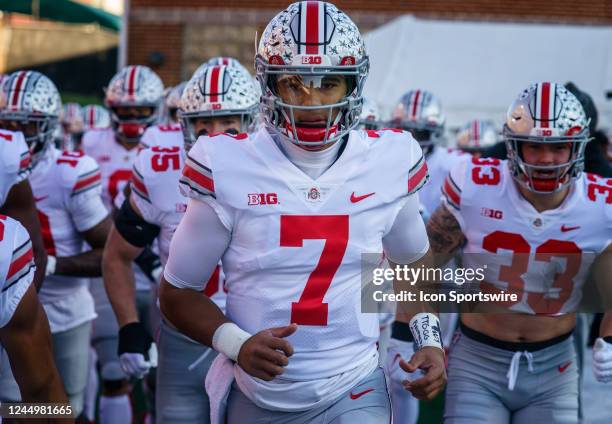 Ohio State Buckeyes quarterback C.J. Stroud leads the team onto the field before a Big10 football game between the Maryland Terrapins and the Ohio...