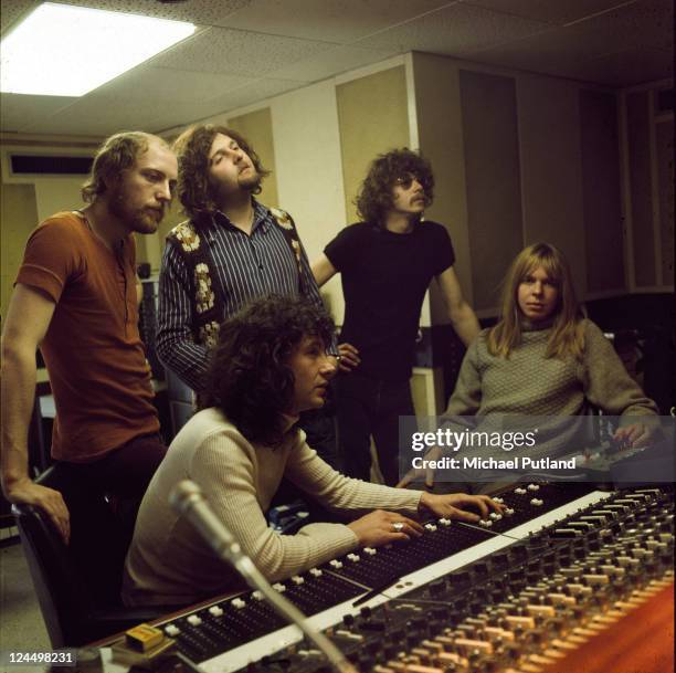 The Strawbs in the control room of a recording studio, London, 25th Match 1971, L-R Richard Hudson, Dave Cousins, Tony Hooper, John Ford, Rick...