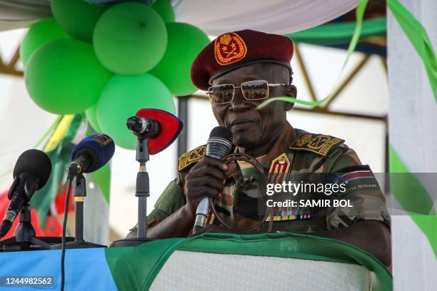 South Sudan People's Defence Forces chief of staff Lt. Gen. Santino Deng Wol speaks to new members of the Unified Forces during the graduation...