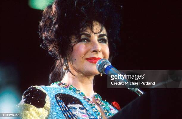 Elizabeth Taylor appears at the Freddie Mercury Tribute concert, Wembley Stadium, London, 20th April 1992.