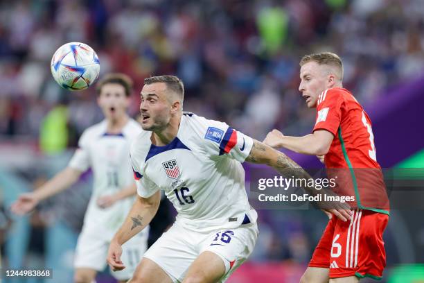 Jordan Morris of USA header during the FIFA World Cup Qatar 2022 Group B match between USA and Wales at Ahmad Bin Ali Stadium on November 21, 2022 in...