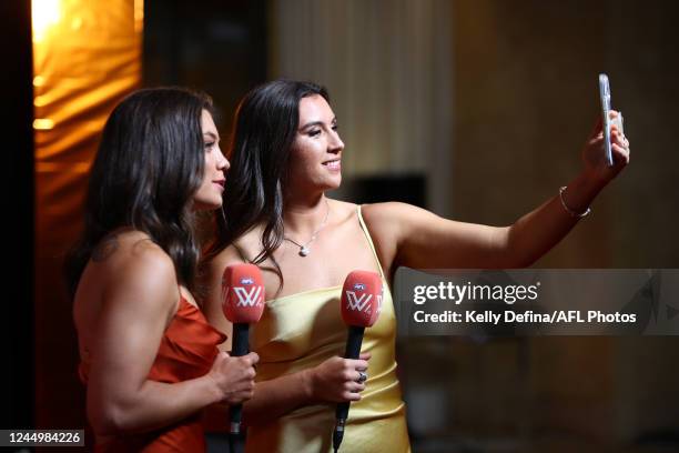 Ellie Blackburn of the Bulldogs and Bonnie Toogood of the Bombers are seen during the 2022 Season 7 W Awards at Crown Palladium on November 22, 2022...