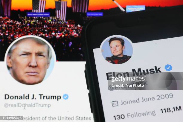 Donald Trump Twitter account displayed on a laptop screen and Elon Musk Twitter account displayed on a phone screen are seen in this illustration...