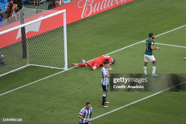 Goalkeeper Emiliano Martinez of Argentina in action during the FIFA World Cup Qatar 2022 Group C soccer match between Argentina and Saudi Arabia at...