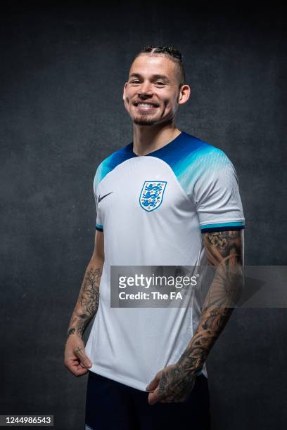 Kalvin Phillips poses during the England New Kit Launch at St George's Park on November 14, 2022 in Burton upon Trent, England.