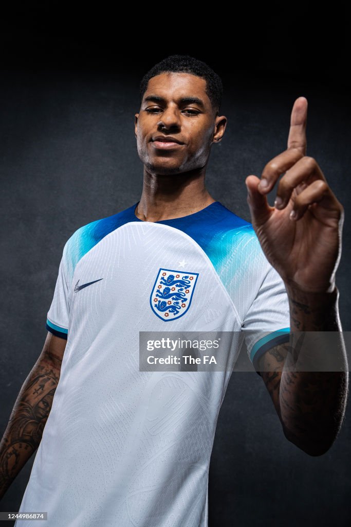 Marcus Rashford Without Kit Marcus Rashford poses during the England New Kit Launch at St... News ...