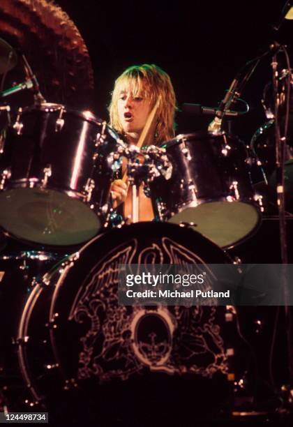 Drummer Roger Taylor of British rock band Queen performing on stage at Madison Square Garden in New York City in February 1977.