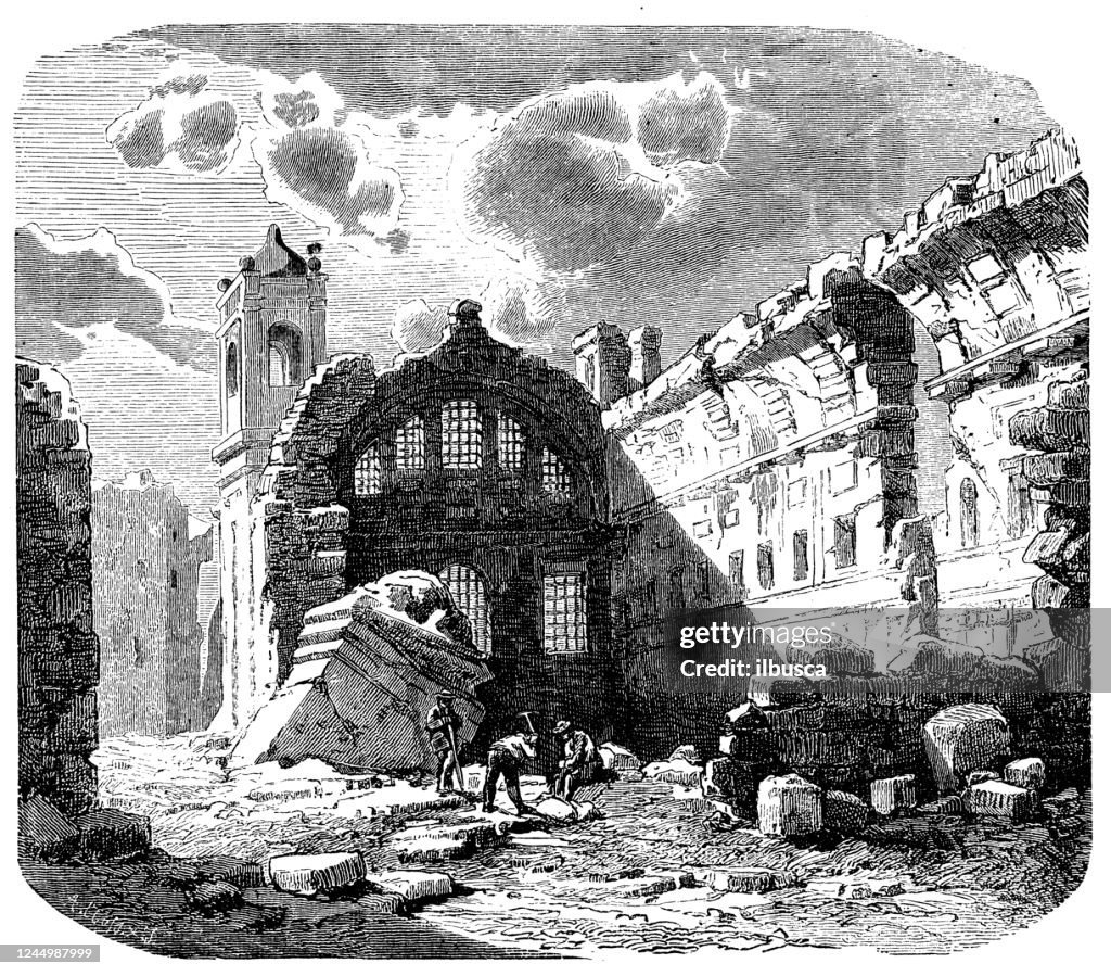 Antike Illustration: Lissabon, Kirche von Sao Nicolau nach dem Erdbeben