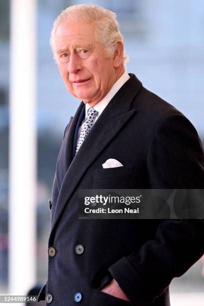 King Charles III of the United Kingdom arrives for the Horse Guards Parade during for the welcome ceremony of the President of the Republic of South...