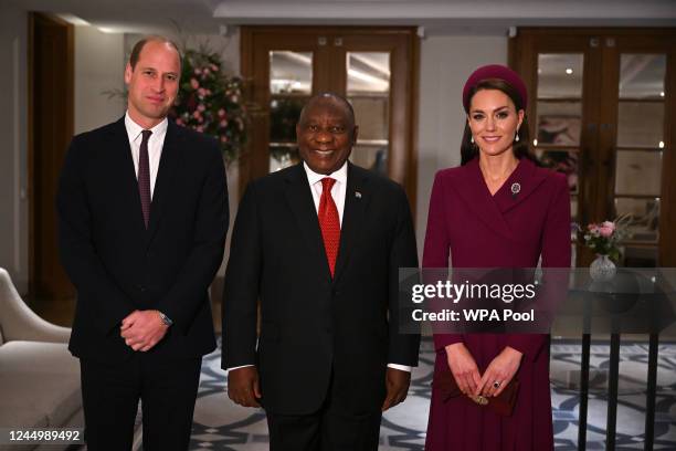 Britain's Prince William, Prince of Wales, and his wife Britain's Catherine, Princess of Wales, pose with South Africa's President Cyril Ramaphosa at...