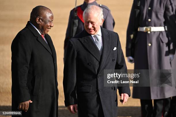 King Charles III of the United Kingdom and President of the Republic of South Africa Cyril Ramaphosa attend the Horse Guards Parade during his...