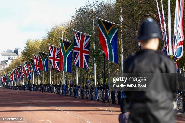 Flags of South Africa and Union Jack are seen on the mall on the first day of the state visit by South African President Cyril Ramaphosa on November...