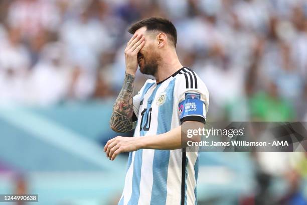 Dejected Lionel Messi of Argentina reacts during the FIFA World Cup Qatar 2022 Group C match between Argentina and Saudi Arabia at Lusail Stadium on...