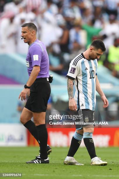 Dejected Lionel Messi of Argentina during the FIFA World Cup Qatar 2022 Group C match between Argentina and Saudi Arabia at Lusail Stadium on...