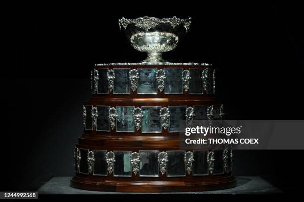 The Davis Cup is displayed on the first day of the Davis Cup tennis tournament at the Martin Carpena sportshall in Malaga on November 22, 2022.