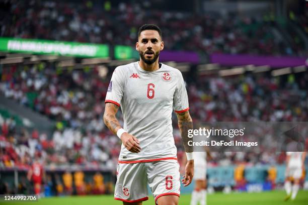 Dylan Bronn of Tunisia looks on during the FIFA World Cup Qatar 2022 Group D match between Denmark and Tunisia at Education City Stadium on November...