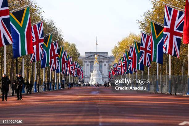 Union Jack and Flags of South Africa along The Mall for President Cyril Ramaphosa of South Africa's two day State Visit to London, Britain on...