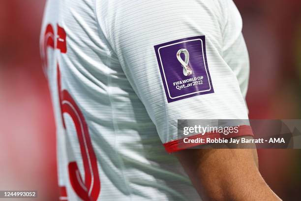 World Cup 2022 badge on the sleeve of a Tunisia player during the FIFA World Cup Qatar 2022 Group D match between Denmark and Tunisia at Education...