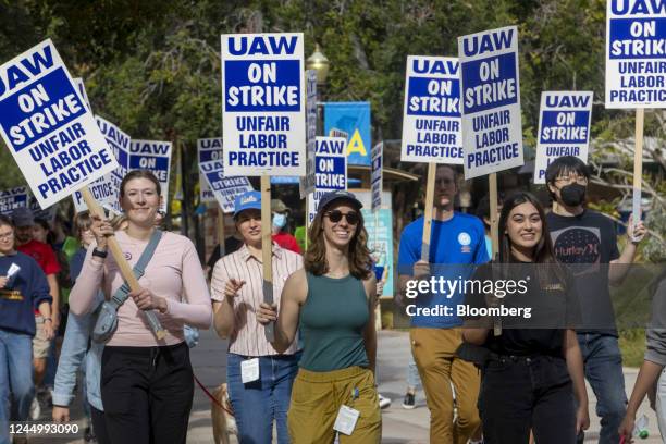 Academic workers and supporters picket during a strike at the University of California Los Angeles campus in Los Angeles, California, US, on Monday,...